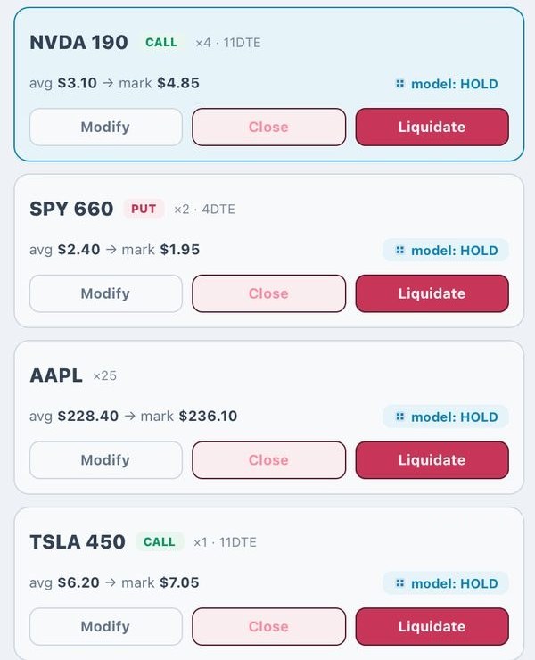 Positions screen with modify, close and liquidate